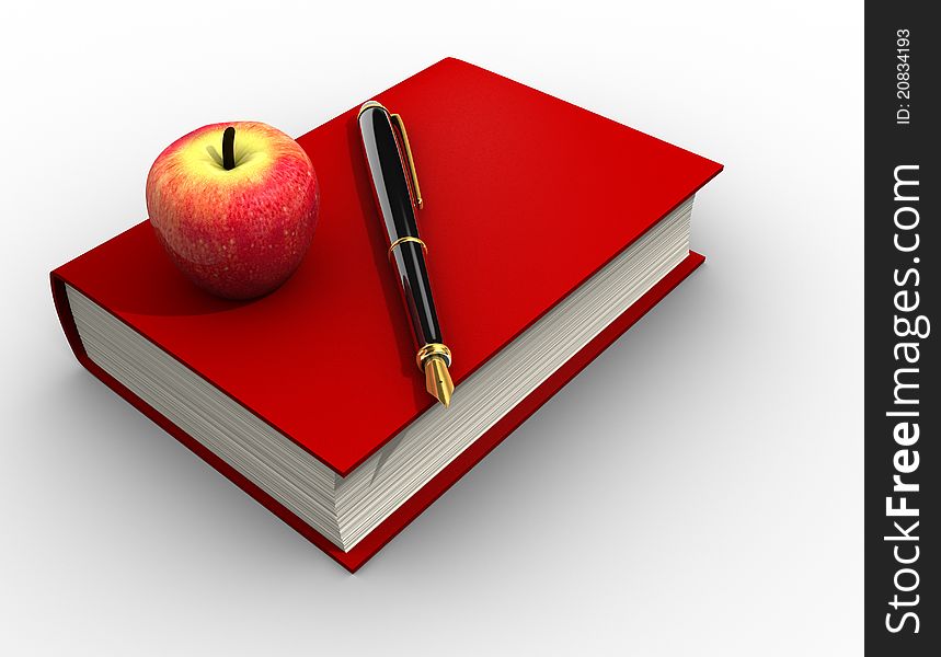 Pen and a red apple on a book. This is a 3d render illustration