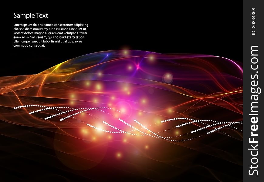 Interplay of lights, colors, sine curves and abstract design elements on the subject of data transfer, modern technology, digital communications and computers