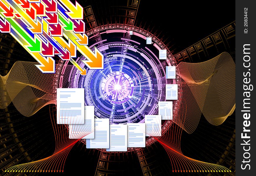 Interplay of document pages and abstract graphic elements on the subject of document processing, office, communications, information sharing and virtual reality. Interplay of document pages and abstract graphic elements on the subject of document processing, office, communications, information sharing and virtual reality