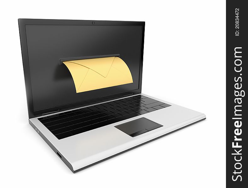 Laptop and mail. 3D illustration on white backgrou