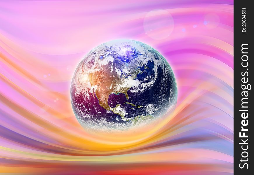 Interplay of colorful abstract background and Earth Globe on the subject of new era, progress and joy. Interplay of colorful abstract background and Earth Globe on the subject of new era, progress and joy
