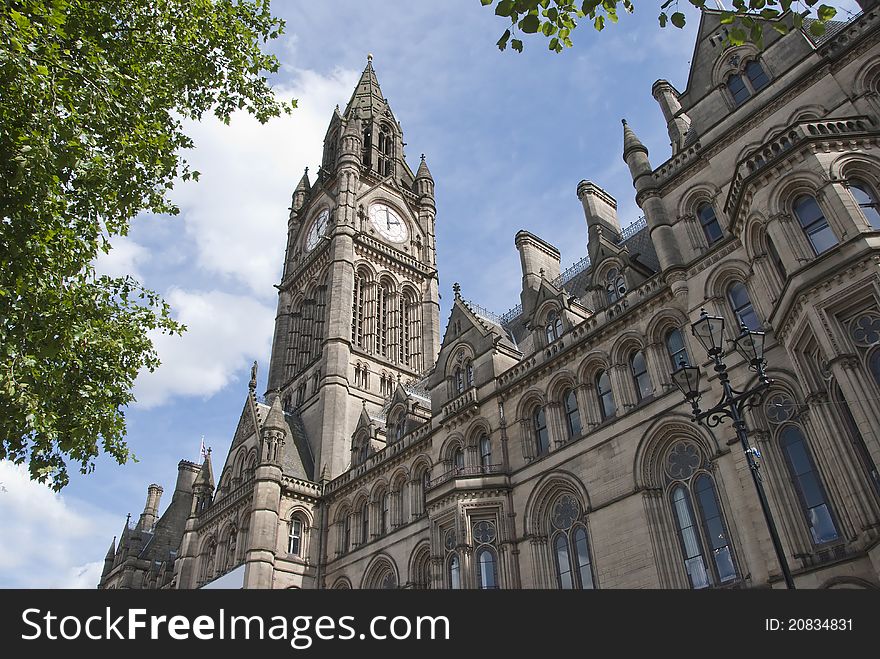 The Impressive Frontage and Clocktower of an English City Hall. The Impressive Frontage and Clocktower of an English City Hall