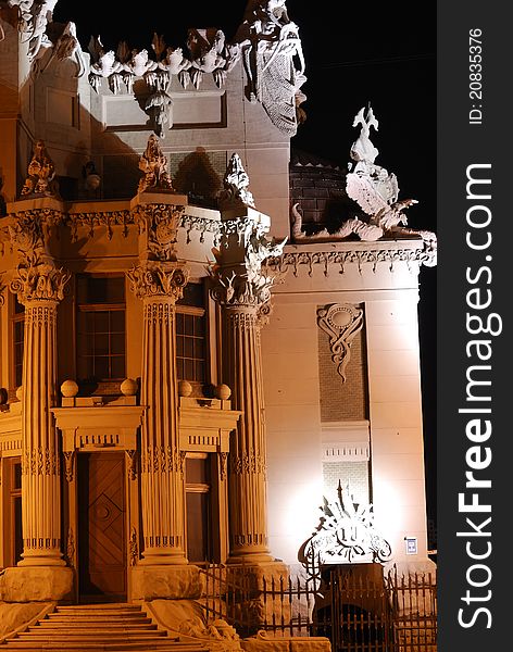 Night picture of a building with beautiful statues in Kiev. Night picture of a building with beautiful statues in Kiev