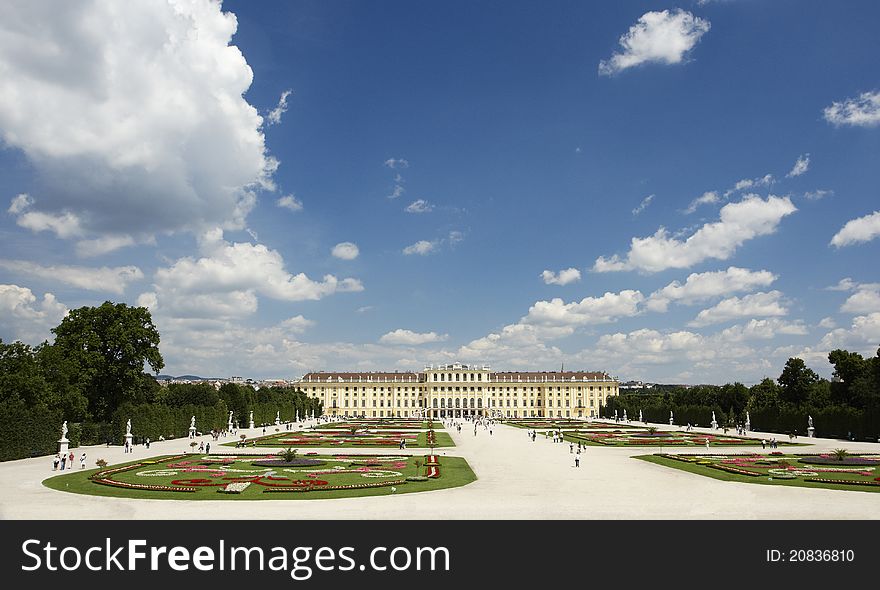 General picture of schonbrunn palace and gardens in vienna in a sunny day of summer. General picture of schonbrunn palace and gardens in vienna in a sunny day of summer