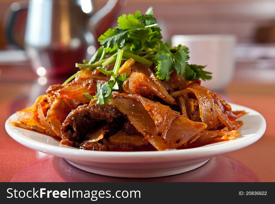 Spicy tendons and beef slices with tea