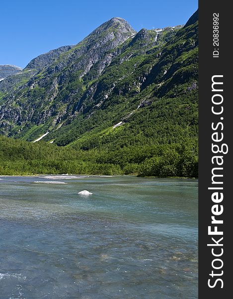 Norwegian landscape, a beautiful cristal river between green mountains. Norway.