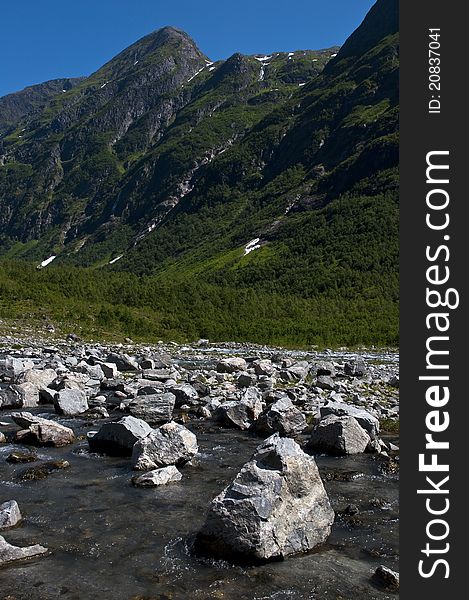 Norwegian landscape, a beautiful cristal river between green mountains. Norway.