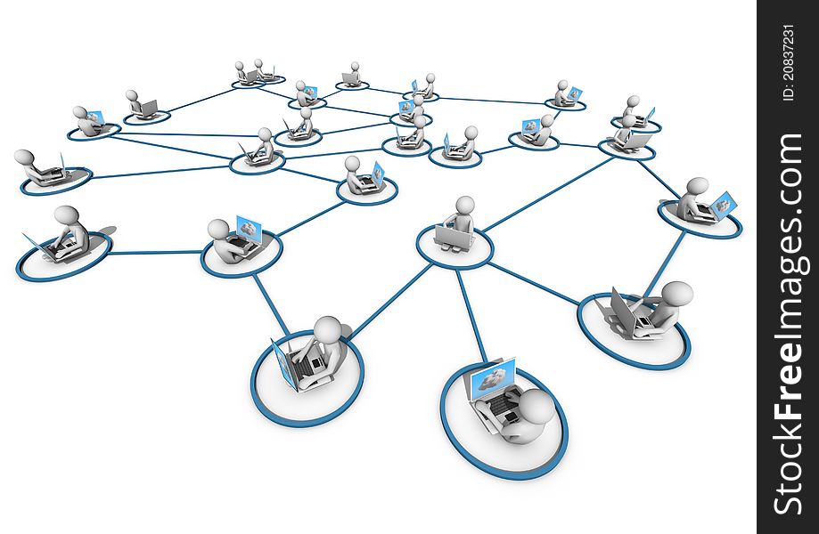 Render of several people connected to each other through the cloud. Render of several people connected to each other through the cloud