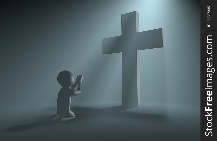 Render of a figure praying in volumetric light. Render of a figure praying in volumetric light