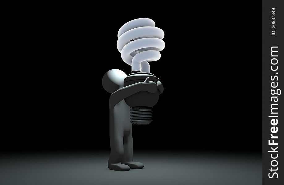 Render of a figure holding an eco-friendly light bulb