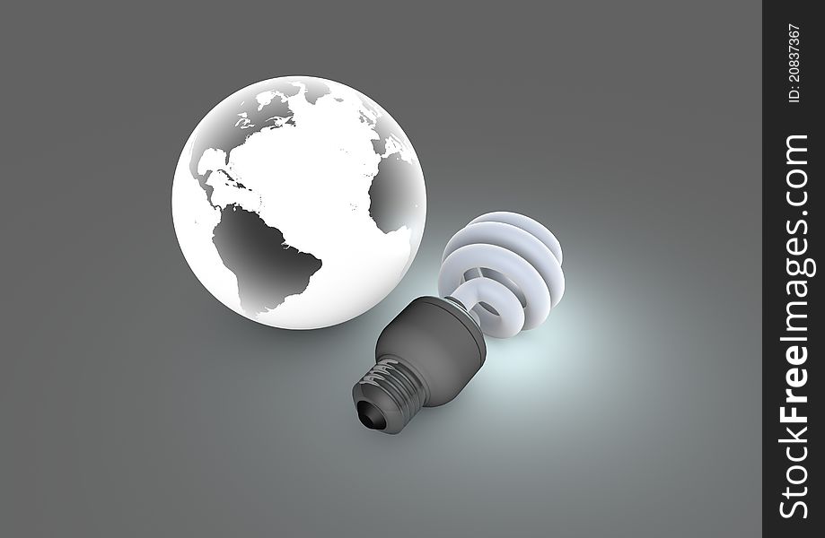 Render of an eco-friendly light bulb and our planet. Render of an eco-friendly light bulb and our planet