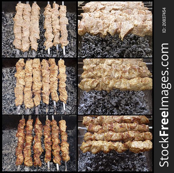 Process of preparation of a shish kebab, from uncooked to the cooked. Process of preparation of a shish kebab, from uncooked to the cooked