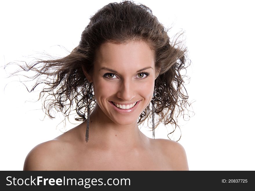 Beautiful young smiling woman isolated over white background