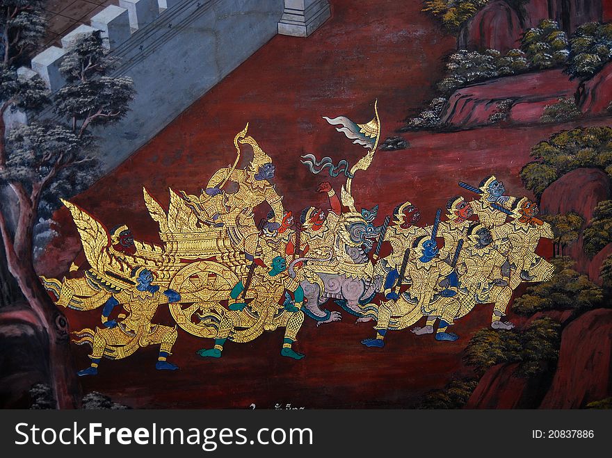 Traditional Thai art painting in Wat Phra Kaew, Bangkok Thailand