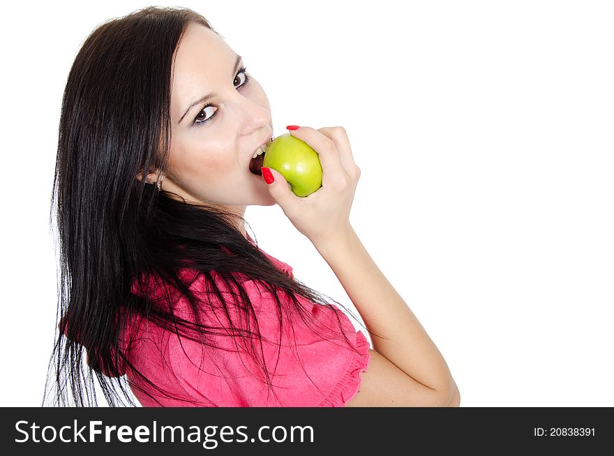 Portrait of the girl with an apple on white. Portrait of the girl with an apple on white