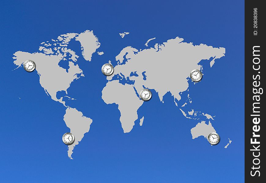 An illustration of a world map with clocks
