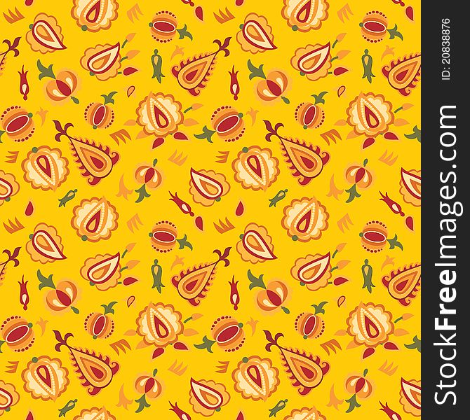 Deep yellow pattern with bright stilised flowers. Deep yellow pattern with bright stilised flowers