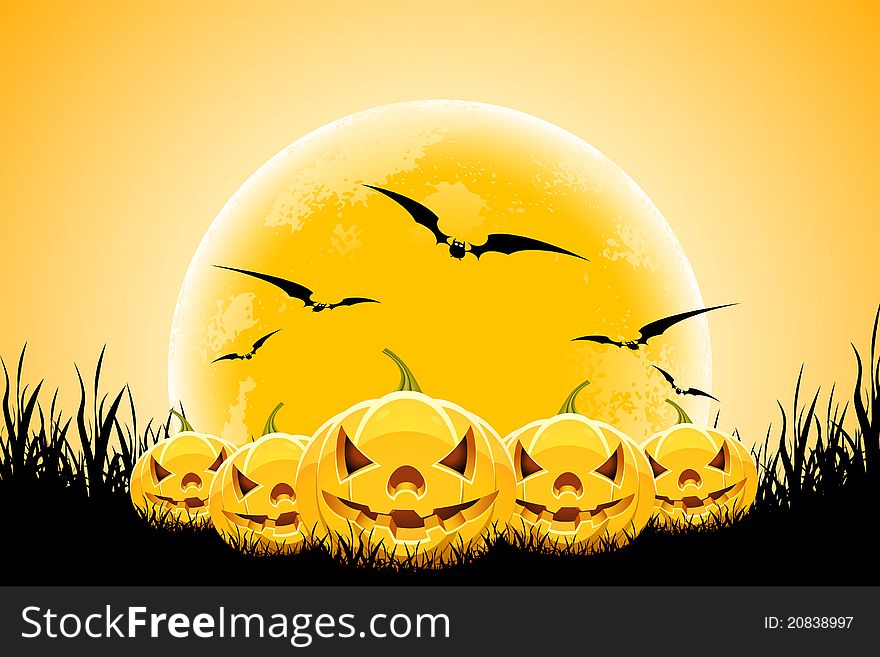 Halloween background with pumpkins moon and grass