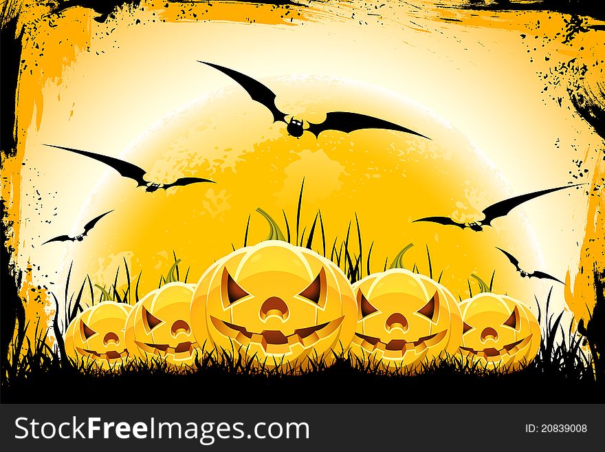 Grungy Halloween background with pampkins bats and full moon. Grungy Halloween background with pampkins bats and full moon