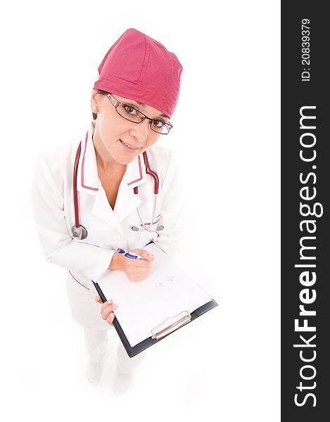 Young woman doctor on white background