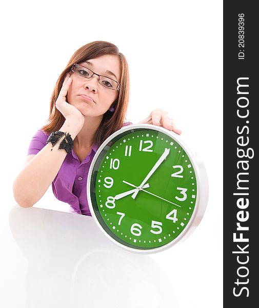 Woman holding big green clock