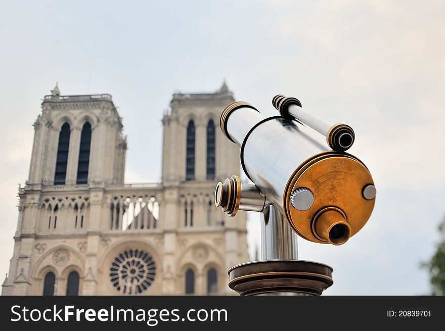 Telescope of stainless steel near Notre-Dame Cathedral in Paris. Telescope of stainless steel near Notre-Dame Cathedral in Paris