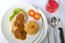 Chicken Steak With Fried Rice And Pink Wine Stock Image Chicken Steak With Fried Rice And Pink Wine Stock Image