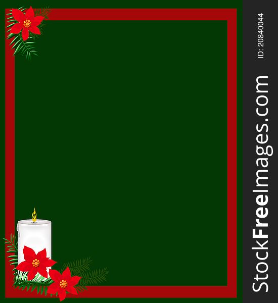 Burning Christmas candle on green background with poinsettias illustration