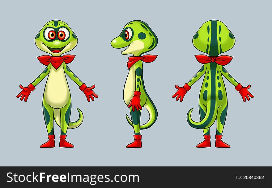 Green dotted gecko character from front and back view. Green dotted gecko character from front and back view.