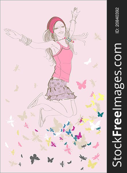 Vector sketch of beautiful jumping girl. Vector sketch of beautiful jumping girl