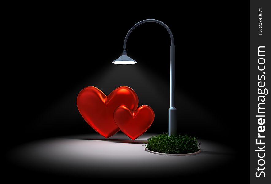 Two red hearts met together for a romantic night under a street lamp as a symbol of the meeting of two lovers