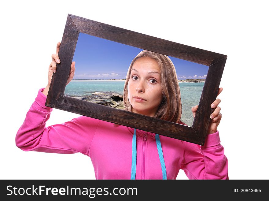 Woman Holding Frame, travel concept, isolated on white