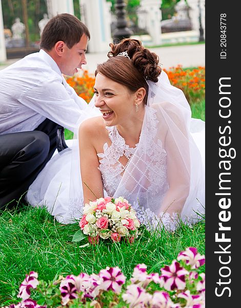 Happy Bride And Groom Having Fun