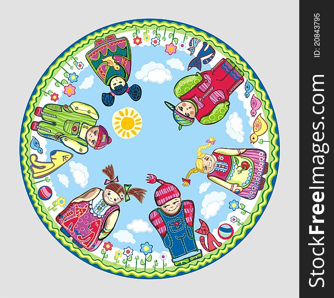 Bright round composition with children and pets on