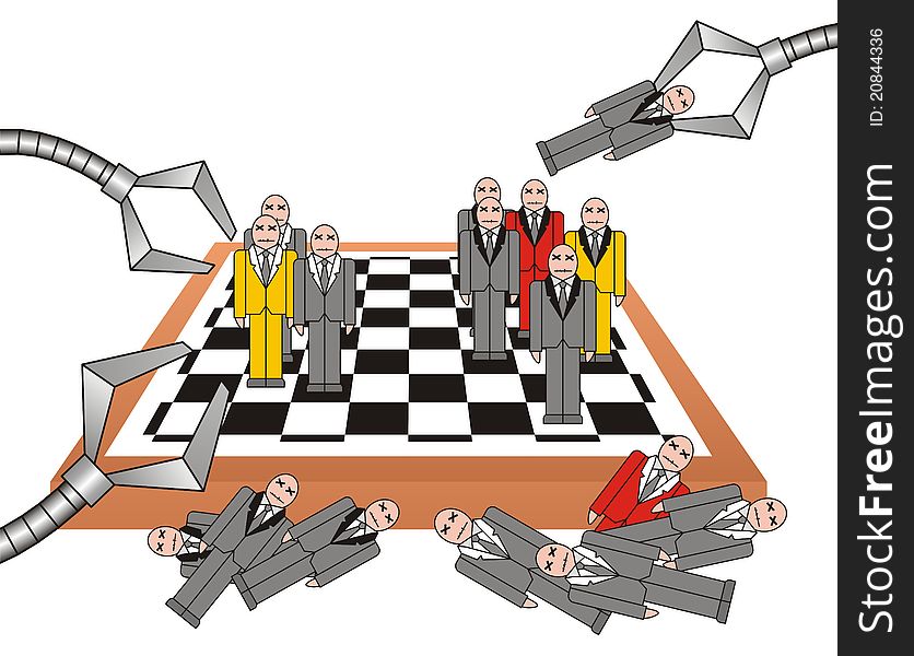 People on chessboard managed by robots. People on chessboard managed by robots