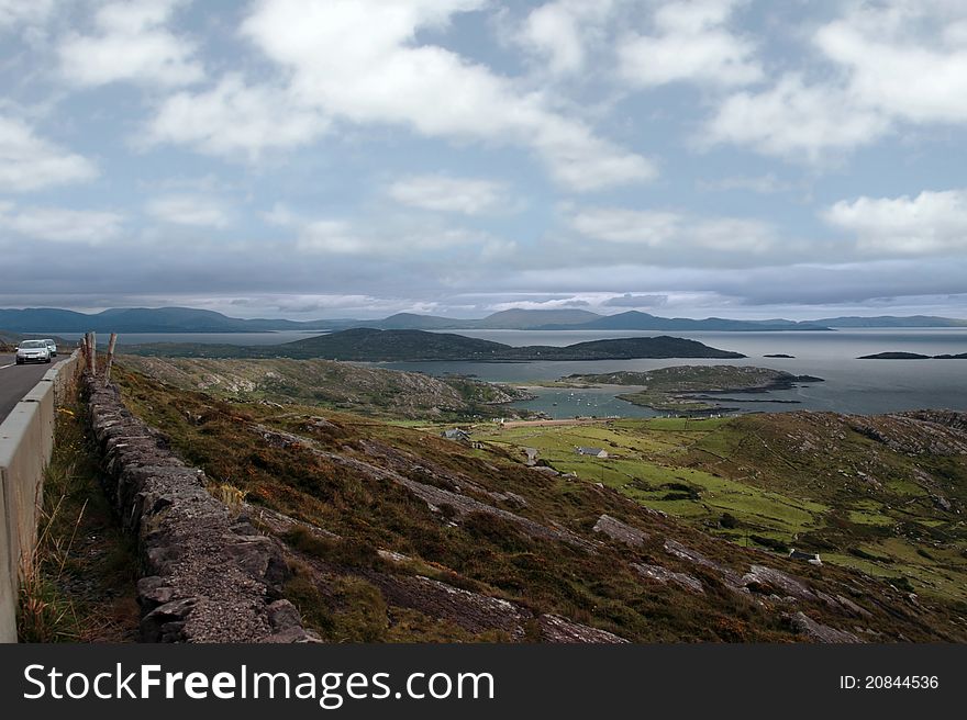 Ring of kerry drive scenic view in kerry ireland of fields coastline and islands