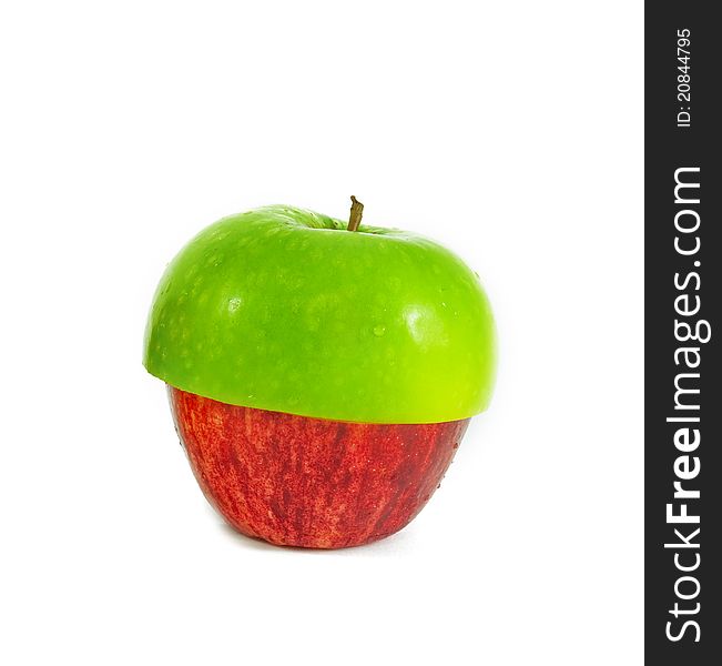 Red and green sliced apple on white background