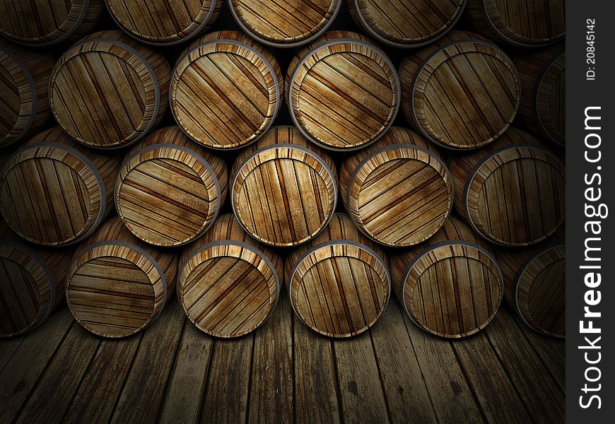 Wall of wooden barrels background