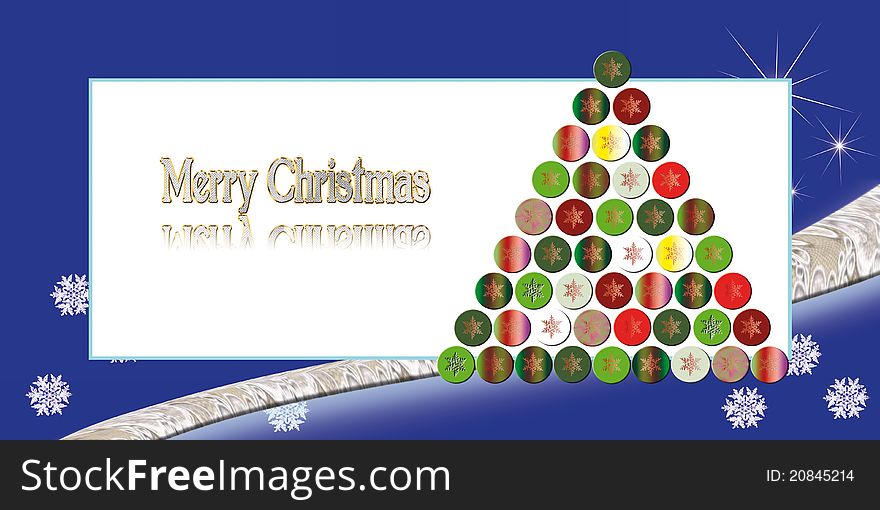 Christmas tree greeting illustration with snow flakes and stars for cards or tags. Christmas tree greeting illustration with snow flakes and stars for cards or tags