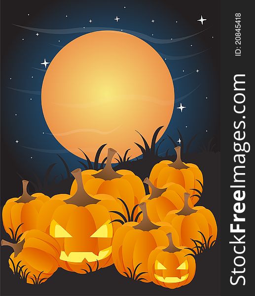 Halloween background with pumpkins ,moon and grass