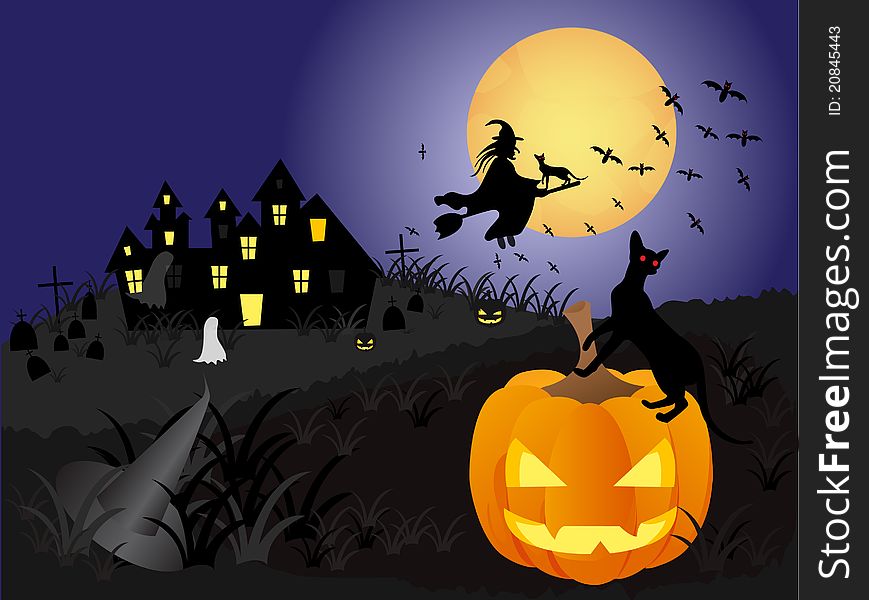 Halloween background with castle , pumpkin ,witch and moon