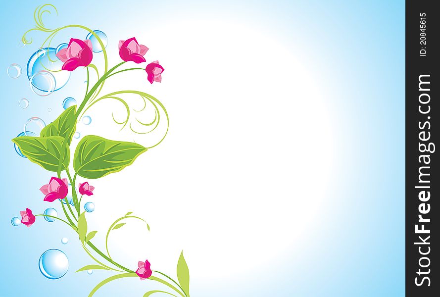 Drops and sprig with pink flowers on the abstract blue background. Illustration