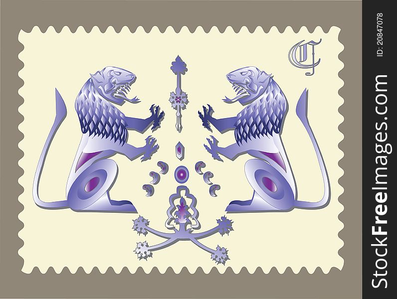 Postage stamp with a picture of two medieval lions. Postage stamp with a picture of two medieval lions