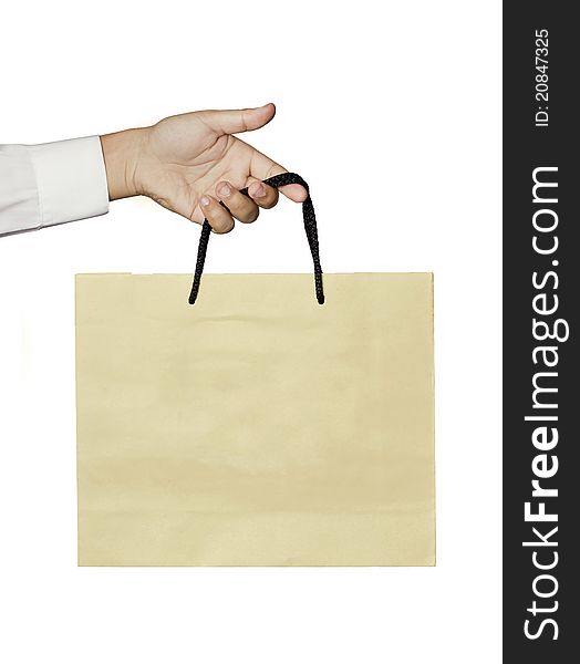Brown bag with hand isolated on white. Brown bag with hand isolated on white