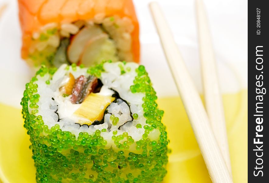 Closeup of Sushi rolls at plate