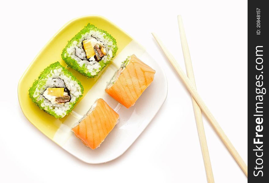 Japanese sushi rolls on plate