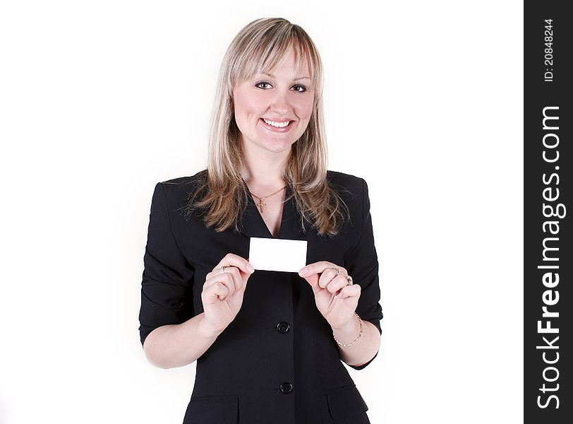 Businesswoman with a business card in hands