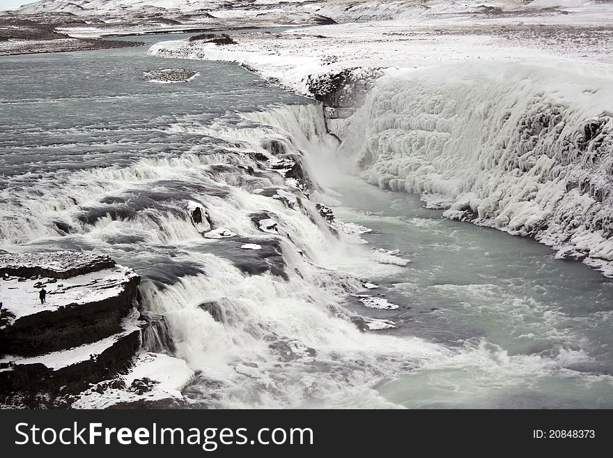 A winter image of the Gullfoss waterfalls in Iceland