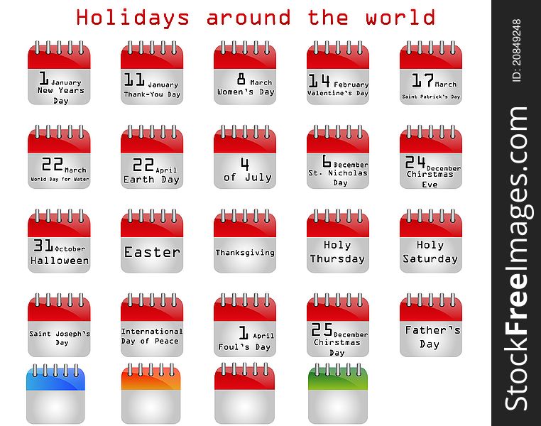 Set of red calendar holydays pages. Set of red calendar holydays pages