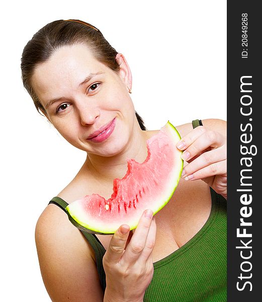 Beautiful young woman eat juicy watermelon. over white